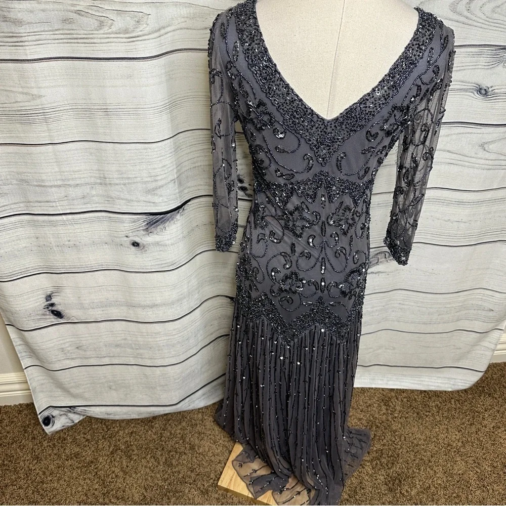 Gray evening v neck dress with intricate beading - Picture 4 of 4